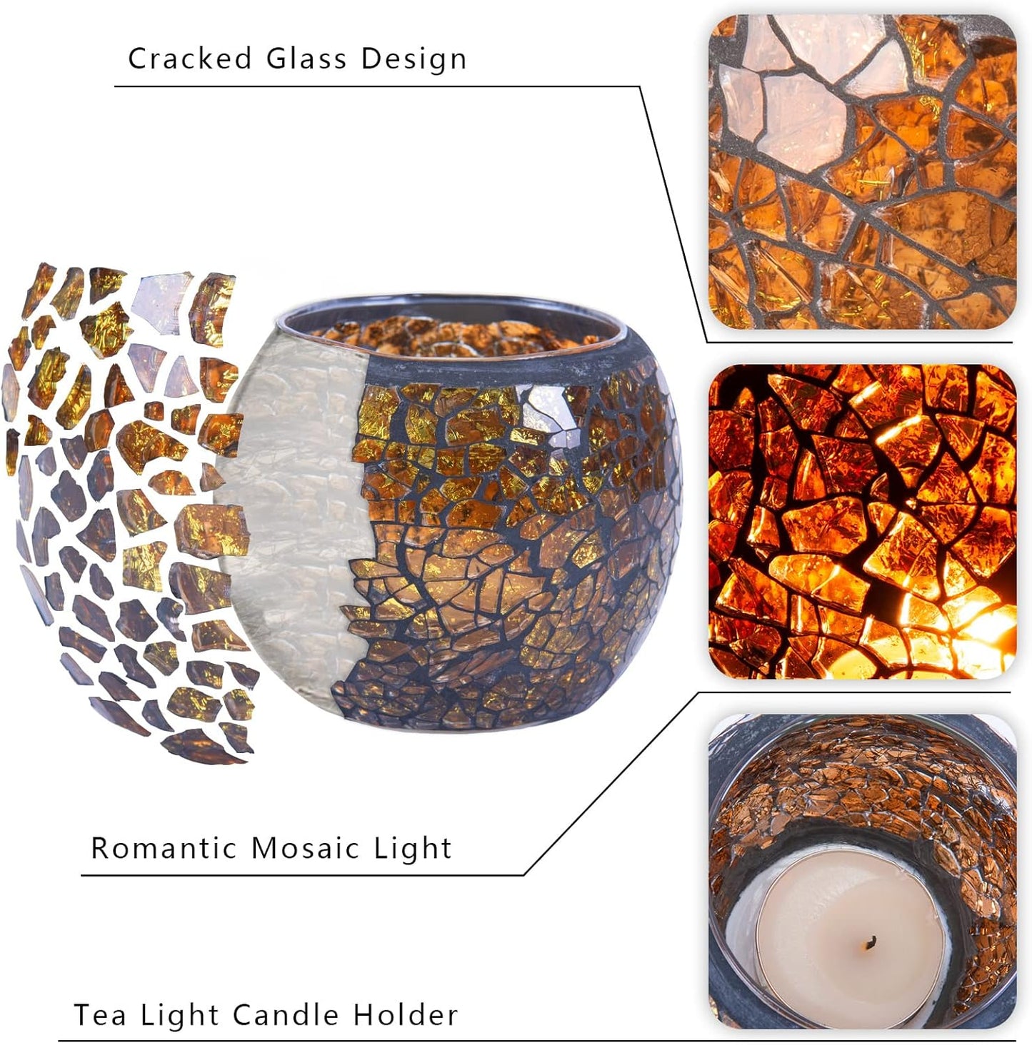 Scented Candle Holder Mosaic Glass Tea Light Holder,Handmade Romantic Glass Tealight Candle Holder for Aromatherapy,Party Décor(No Candles),Also Used as Vase,Pen Holder,Potted Plants Bowl (Amber)
